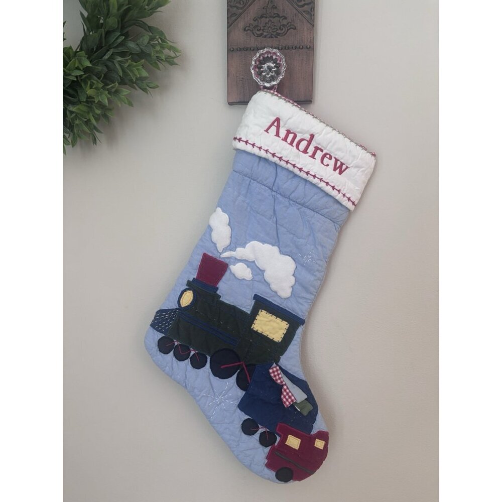Pottery Barn Kids Quilted Christmas Stocking Blue Train Personalized “Andrew”